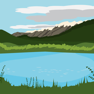 lake at the mountains background