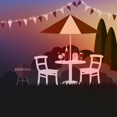 Summer garden party. Summer outdoor barbecue. Sunset background. Vacation vector illustration.