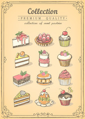 Set of hand-drawn vector icons pastries. Collection of cupcakes