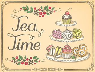 Obrazy na Plexi  Retro ilustracja Czas na herbatę ze słodkimi wypiekami i babeczkami