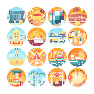 Construction concept icons set. Collection of flat circle illustrations. Modern colorful style.