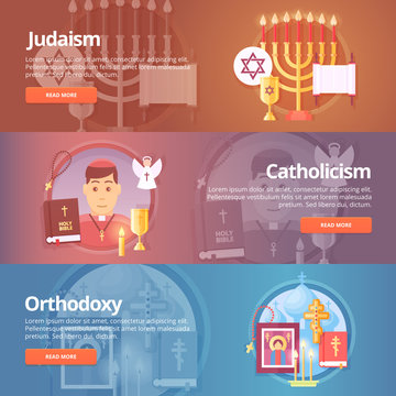 Judaism. Catholicism. Orthodoxy. Christianic religions. Religion and confessions banners set. Vector design concept.