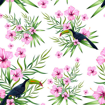 Seamless Pattern with Exotic Tropical Flower and colorful bird