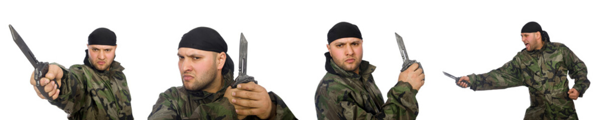 Fototapeta premium Young man in soldier uniform holding knife isolated on white