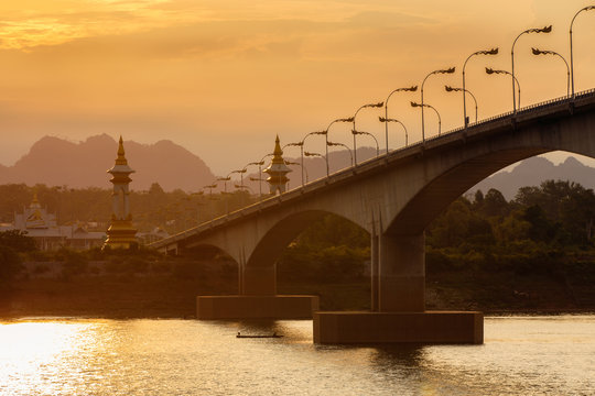 Third Thai&ndash;Lao Friendship Bridge at sunset time, Nakhon Phanom Province, Thailand
