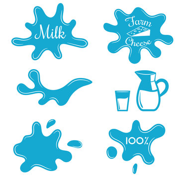 Farm milk splash vector elements. Milk jug and glass for advert banners and badges. Homemade village milk and cheese.