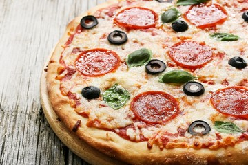 Homemade Pepperoni Pizza close up side view
