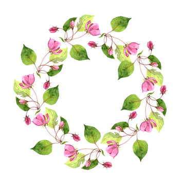 round floral frame with pink apple tree flowers