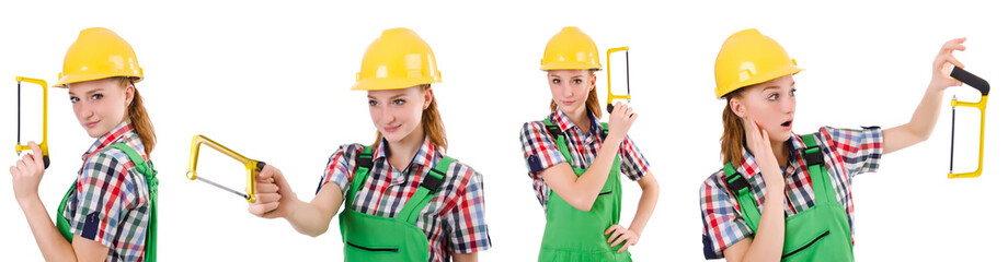 Female handyman in overalls isolated on white