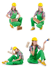 Woman with bricks isolated on white