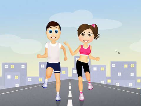 man and woman running
