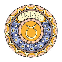 Zodiac signs theme. Mandala with taurus zodiac sign. Zentangle inspired mandala. Hand drawn tribal mandala horoscope symbol for tattoo art, printed media design, stickers, etc. 