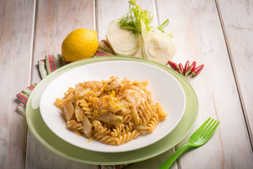 fusilli with  fennel grated lemon peel and hot chili pepper