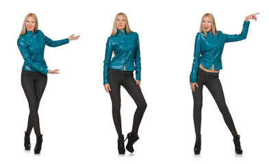 Fototapeta premium Pretty woman in blue leather jacket isolated on white