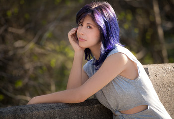 Pretty Woman With Purple Hair Outside