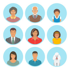 African American family faces flat vector avatars set. Icons of three family generations, mother and father, sons and daughters, grandmother, grandfather and a dog. Black family portraits