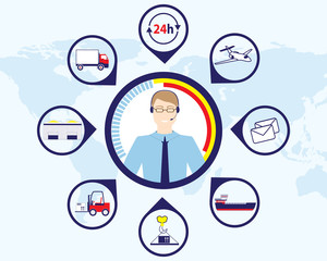 concept of logistics business,  supply of goods and cargo, map of the world