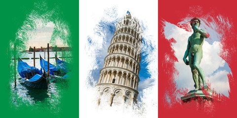 Italian flag with famous italian attractions