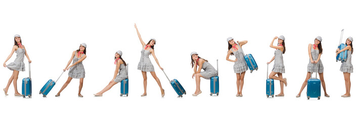 Obraz premium Travelling woman with suitcase isolated on white