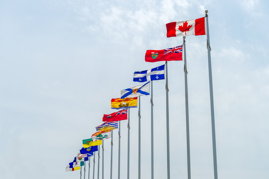 Picture of the canadian Flag along with the flags of the 10 Canadian Provinces and the 3 Canadian Territories, in Ottawa, Canada