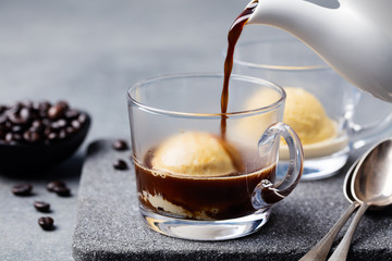 Affogato coffee with ice cream on a glass cup
