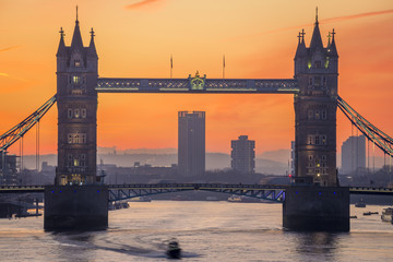 London, England - Iconic Tower Bridge at sunrise with beautiful sky