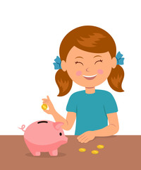 Cute little girl standing at the table puts coins in a piggy bank and dreams of buy something. The concept of saving money baby.