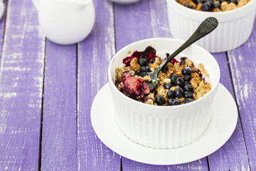 Crumble cake with rhubarb in a baking dish