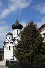 Fototapeta na wymiar old ancient medieval russian white orthodox church with black do