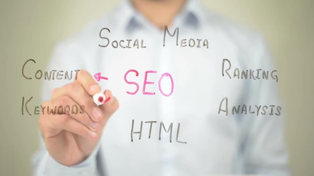 SEO, Concept Clip Art,  Man writing on transparent screen