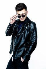  Casual handsome attractive man hipster guy wearing leather jacket  on white background