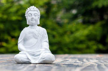 Zen, yoga and meditation concept. White Buddha on green relax background