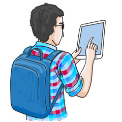 Student with a backpack using a tablet
