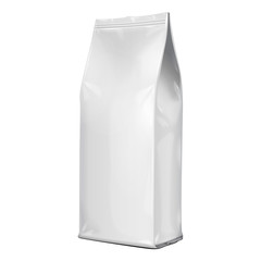 Foil Paper Food Bag Package Of Coffee, Salt, Sugar, Pepper, Spices Or Flour, Folded, Grayscale. On White Background Isolated. Mock Up Template Ready For Your Design. Product Packing Vector EPS10