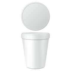 White Food Plastic Tub Bucket Container For Dessert, Yogurt, Ice Cream, Sour Cream Or Snack. Illustration Isolated On White Background. Mock Up Template Ready For Your Design. Product Packing 