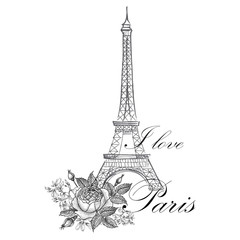 Floral Paris Illustration Famous Paris landmark Eiffel Tower. Travel France Graphic Design