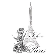 Fototapeta na wymiar Floral Paris card. Famous Paris landmark Eiffil Tower. Travel France background