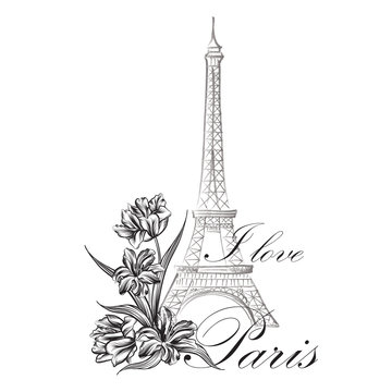 Floral Paris card. Famous Paris landmark Eiffil Tower. Travel France background