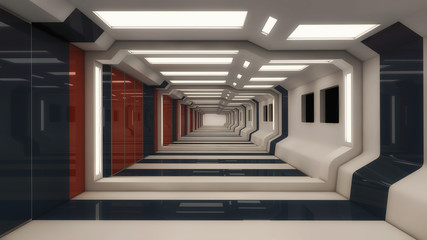 3d render interior. Futuristic hallway. Interior concept design