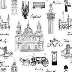 Fototapeta premium London landmark seamless pattern. Doodle travel Europe sketchy lettering. Famous architectural monuments and symbols. England vintage icons vector textured background