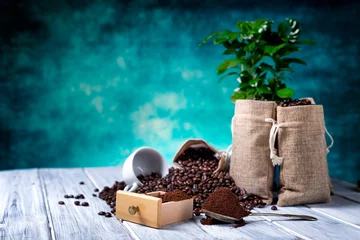 Zelfklevend Fotobehang Ground coffee with coffe plants © am13photo