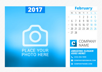 Desk calendar for 2017 year. Vector print template with place for photo. February. Week starts Monday. Calendar page. Stationery design