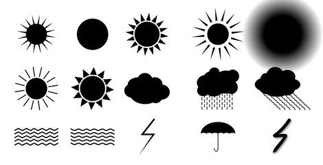 Set of symbols: Sun, Clouds, Thunderstorm, Umbrella. Vector Illu