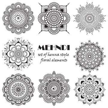 Set of henna floral elements based on traditional Asian ornaments. Paisley Mehndi Tattoo Doodles collection