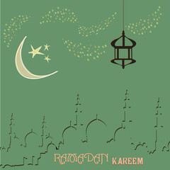 Creative greeting card design for holy month of muslim community festival Ramadan Kareem with moon and hanging lantern, stars on background.