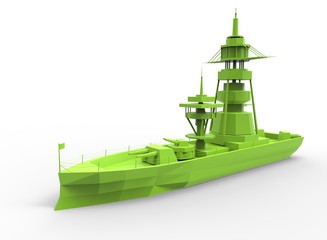 3d illustration of simple war ship. low poly triangles and polygons style. usa style. naval army. icon for game web. green color. white background isolated with shadow. simple to use