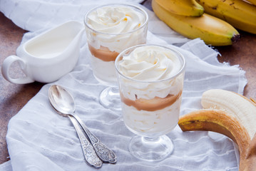 Delicious dessert with banana and caramel