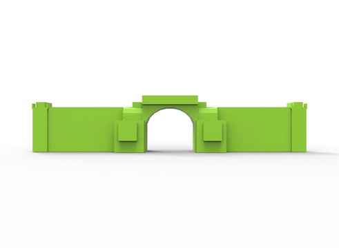 3d illustration of simple gate with wall. low poly triangles and polygons style.ancient building. icon for game web. green color. white background isolated with shadow. simple to use