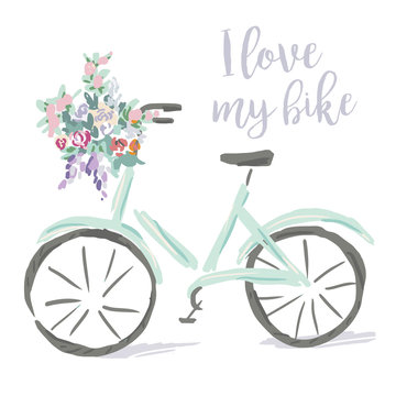 Print for tee shirt with message I love my bike on the white background. Mint bicycle with bouquet of flowers. Cute illustration.
