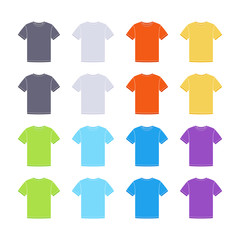 Male colored short sleeve t-shirts templates collection. Front and back views. Vector flat illustrations